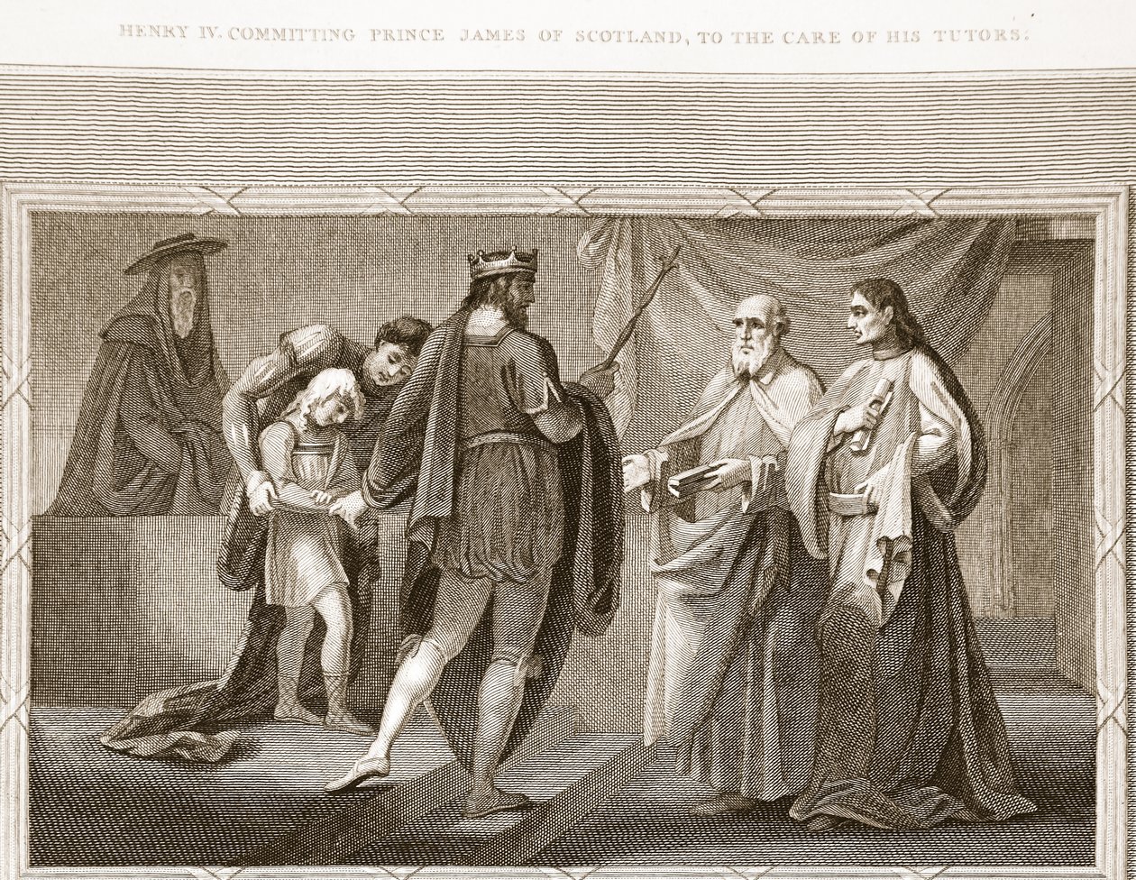 Henryk IV powierzający księcia szkockiego Jakuba opiece swoich nauczycieli, ilustracja z David Humes The History of England, wyd. R. Bowyer, Londyn, 1812 r. autorstwa English School
