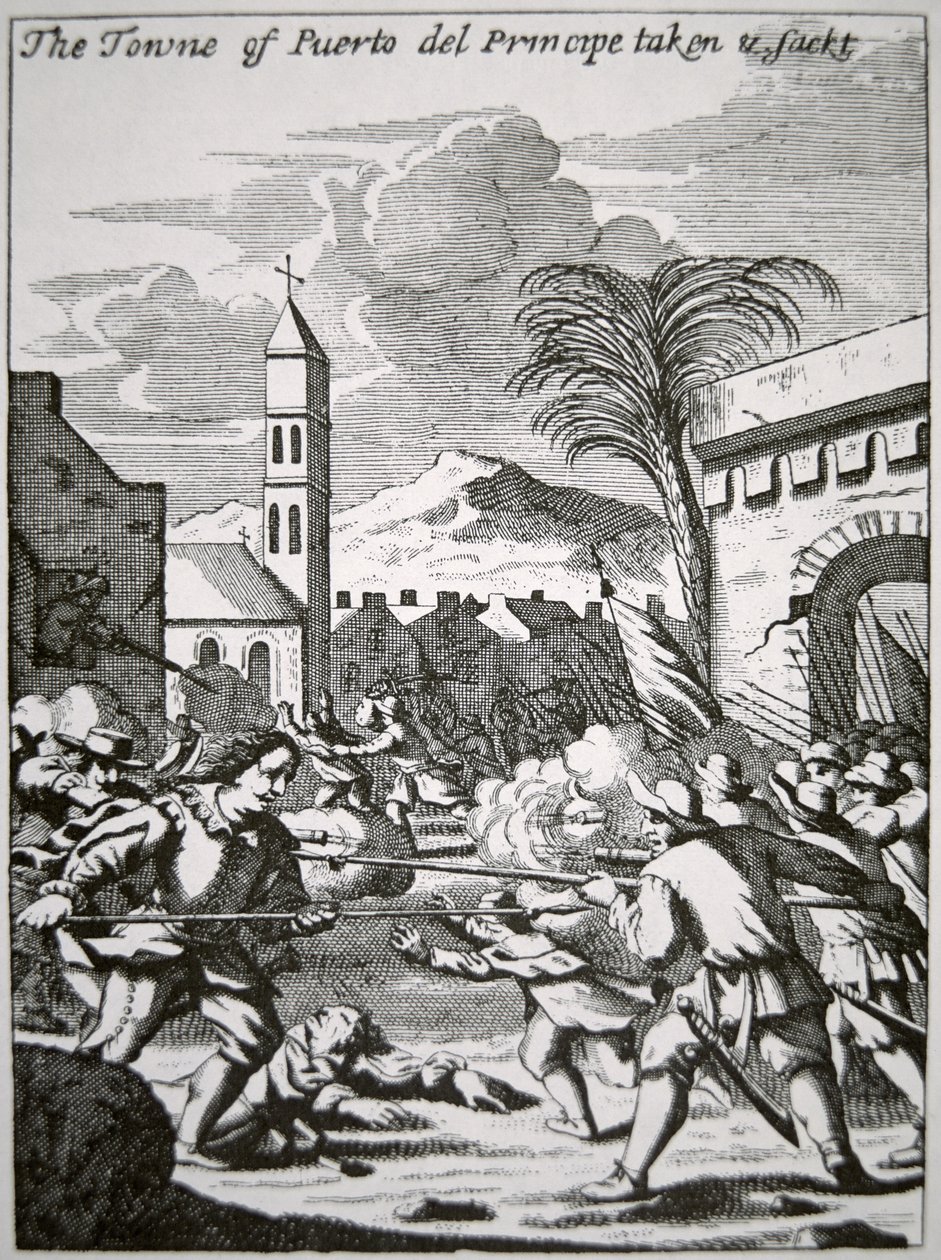 Henry Morgan zdobywa i plądruje miasto Puerto de Principe na Kubie w 1668 r., ilustracja z „Buccaneers of America” autorstwa Johna Esquemelinga, opublikowana w 1699 r. (rycina) autorstwa English School