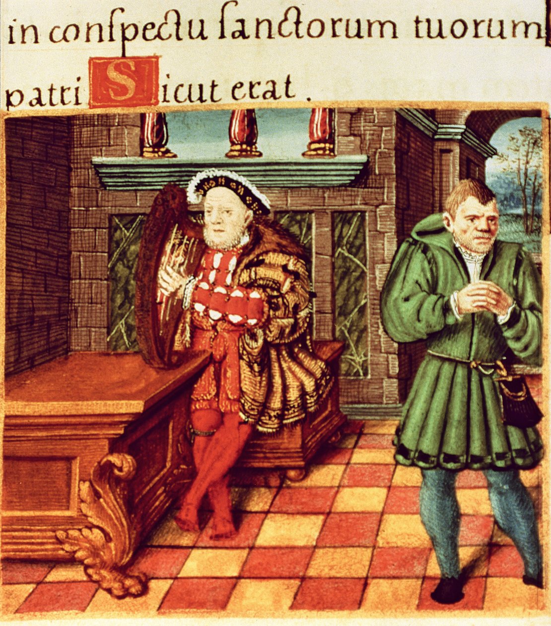 Henryk VIII grający na harfie ze swoim głupim wolą Somers, z psałterza królewskiego autorstwa English School