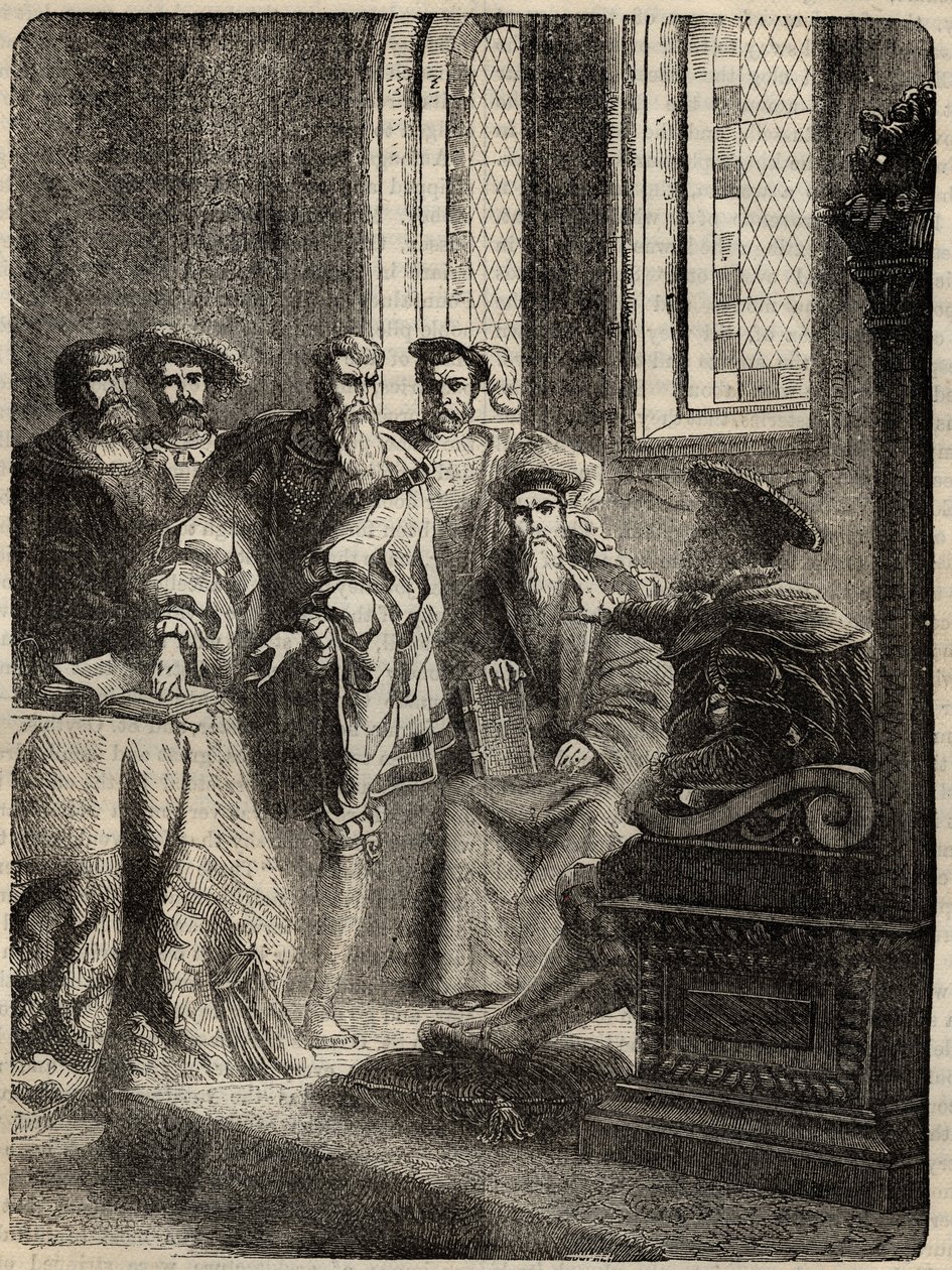 Henryk VIII. i jego Rada nakazująca tłumaczenie Biblii na język angielski - 1538 - rycina z „Historii Anglii” autorstwa Cassella Pettera i Galpina autorstwa English School