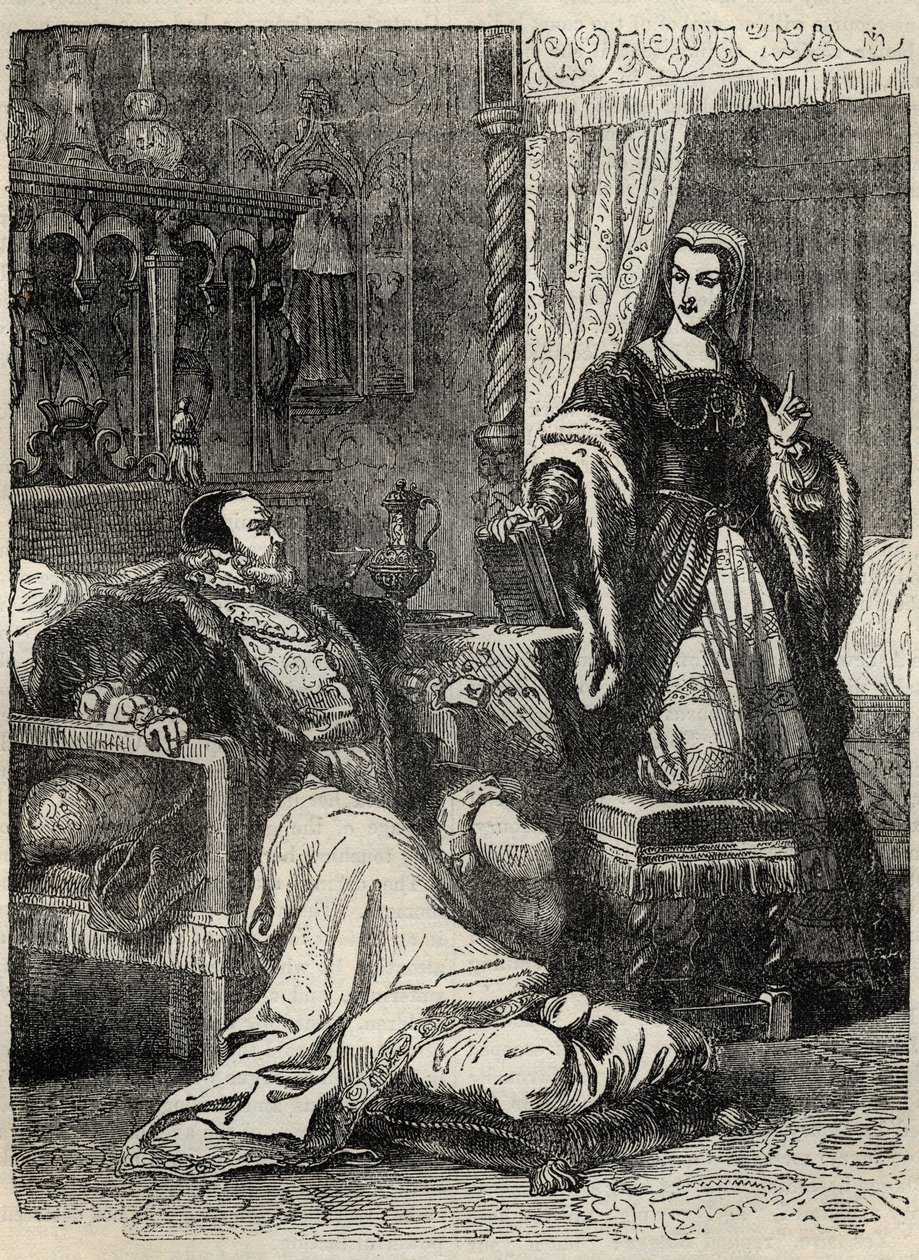 Henryk VIII i królowa Katarzyna Parr (1512-1548) - grawerowanie z „Historii Anglii” autorstwa Cassella Pettera & Galpina autorstwa English School