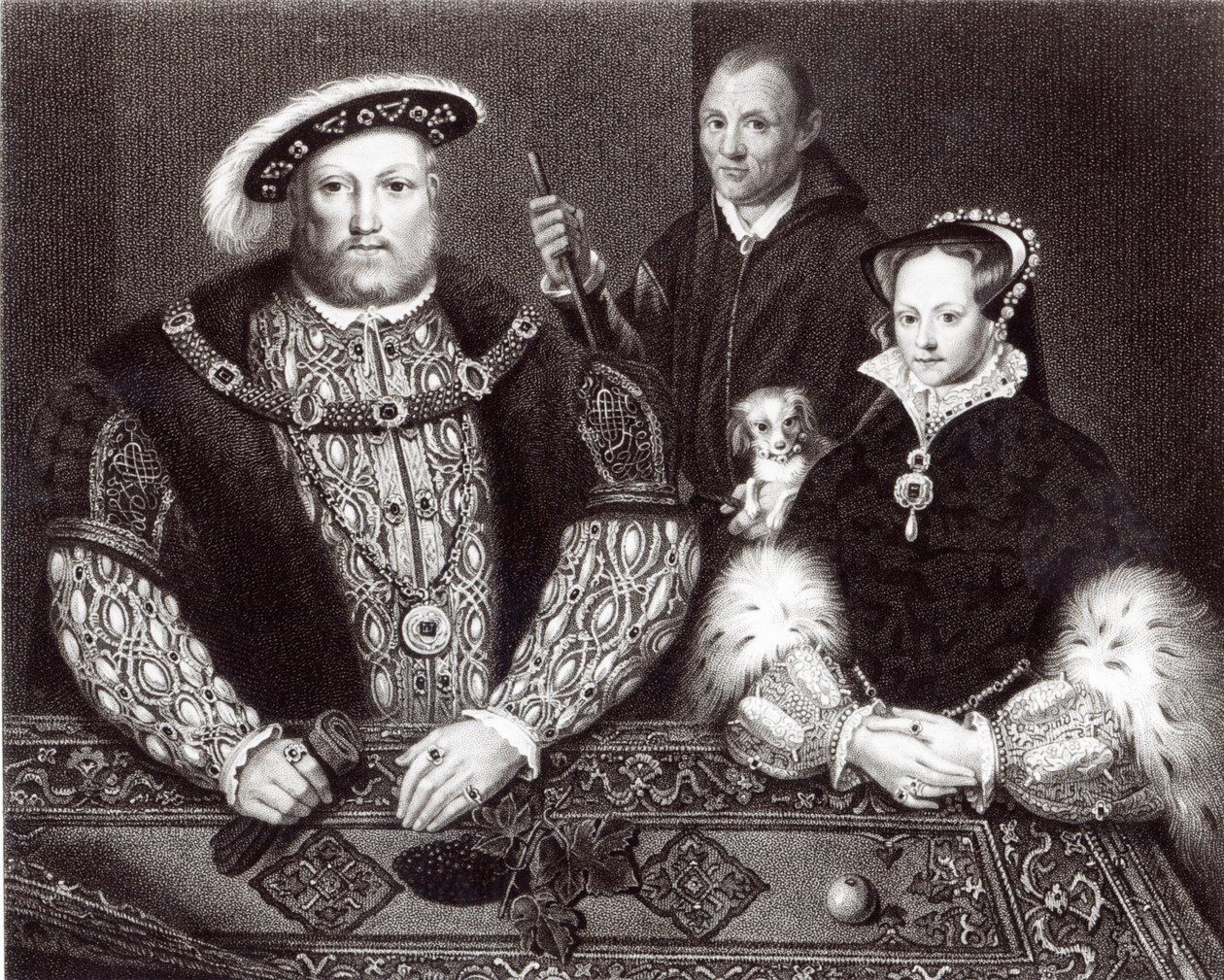 Henryk VIII, jego córka królowa Maria i Will Somers, po obrazie olejnym z XVI wieku, malowany pośmiertnie, 1821 autorstwa English School