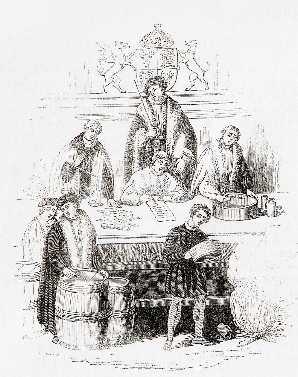 Proces Henryka VII dotyczący miar i wag w skarbcu w 1497 r., Z Old England: A Pictorial Museum, wyd. 1847 autorstwa English School
