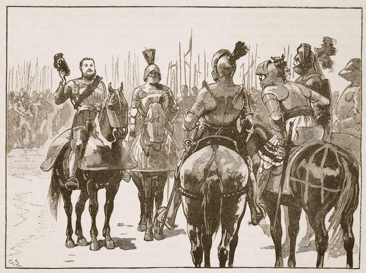 Henry i schwytani francuscy oficerowie, ilustracja z Cassells Illustrated History of England (zdjęcie w sepii) autorstwa English School