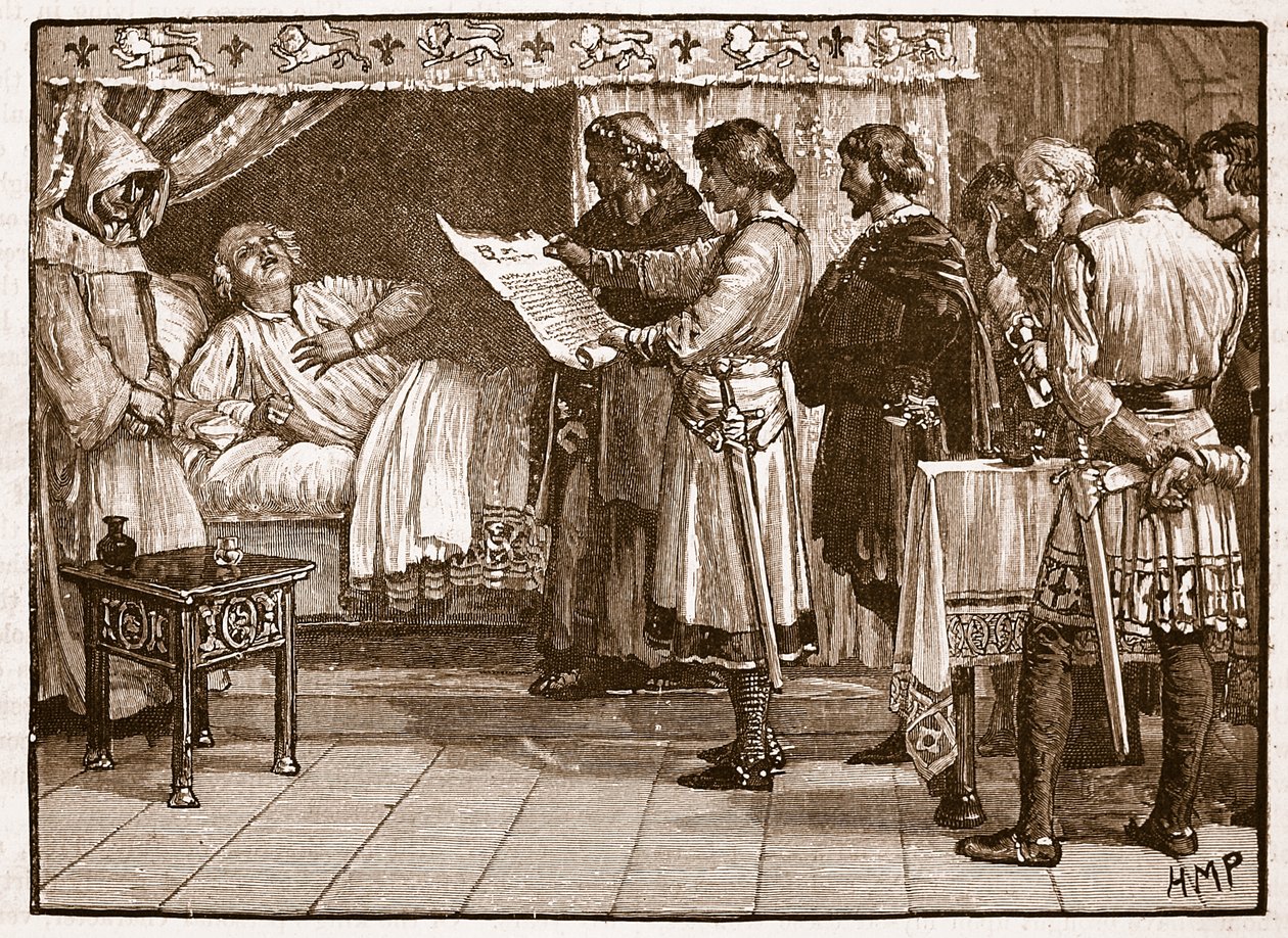 Henry odbiera wiadomość o zdradzie Johna, ilustracja z Cassells Illustrated History of England (zdjęcie w sepii) autorstwa English School