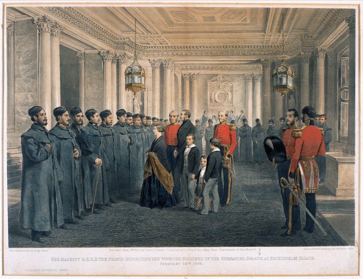 Jej Wysokość Królowa Wiktoria (1819-1901) i Jego Wysokość Książę Albert (1819-61) przeprowadzają inspekcję rannych żołnierzy Gwardii Grenadierów w Pałacu Buckingham, 1855 autorstwa English School
