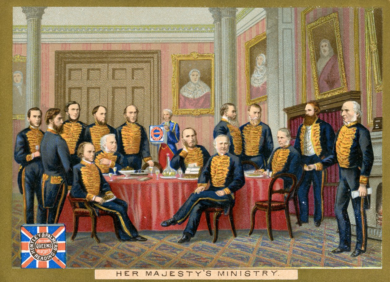 Ministerstwo Jej Królewskiej Mości, karta promocyjna na herbatniki Huntley & Palmers, ok. 1890 r. autorstwa English School