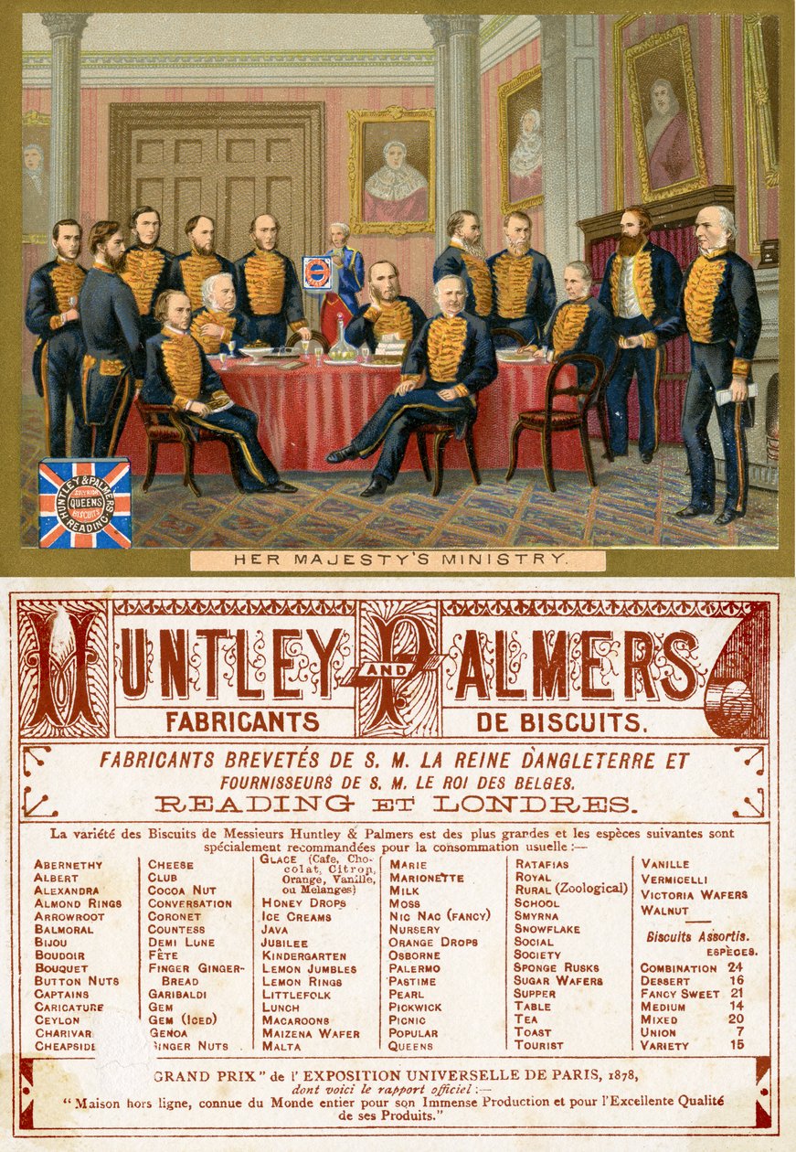Ministerstwo Jej Królewskiej Mości, przód i tył karty promocyjnej na herbatniki Huntley & Palmers, wyprodukowanej na rynek francuski ok. 1890 r. autorstwa English School