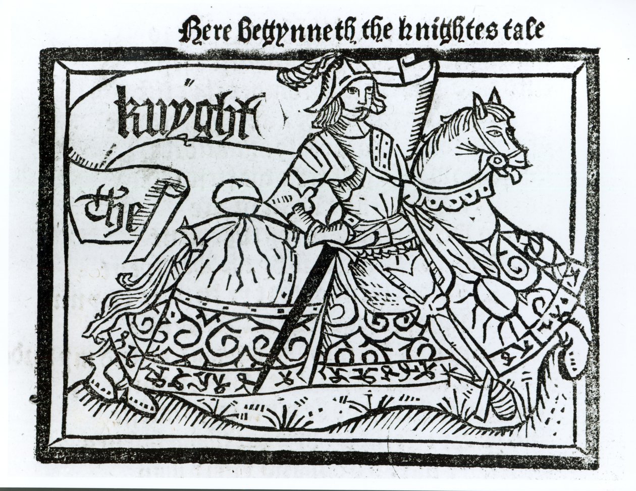 Tutaj Begynneth the Knightes Tale, ilustracja z The Canterbury Tales autorstwa Geoffreya Chaucera (ok. 1345-1400) wydrukowana przez Williama Caxtona (ok. 1422-91) 1434 autorstwa English School