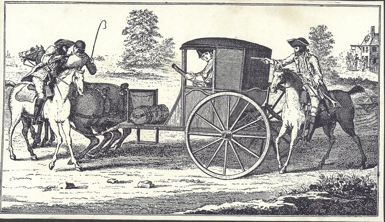 Hazardziści James MacLaine i William Plunkett okradają hrabiego Eglintona na wrzosowiskach Hounslow, 26 czerwca 1750 r. (rycina) autorstwa English School