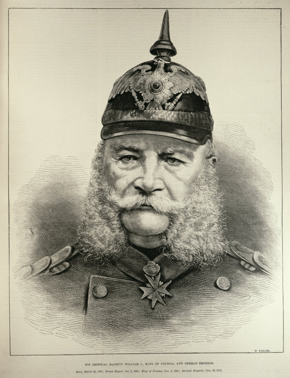 Jego Cesarska Mość Wilhelm I (1797-1888), król Prus i cesarz Niemiec, z „The Illustrated London News”, ryty przez R. Taylora, 19 marca 1887 autorstwa English School
