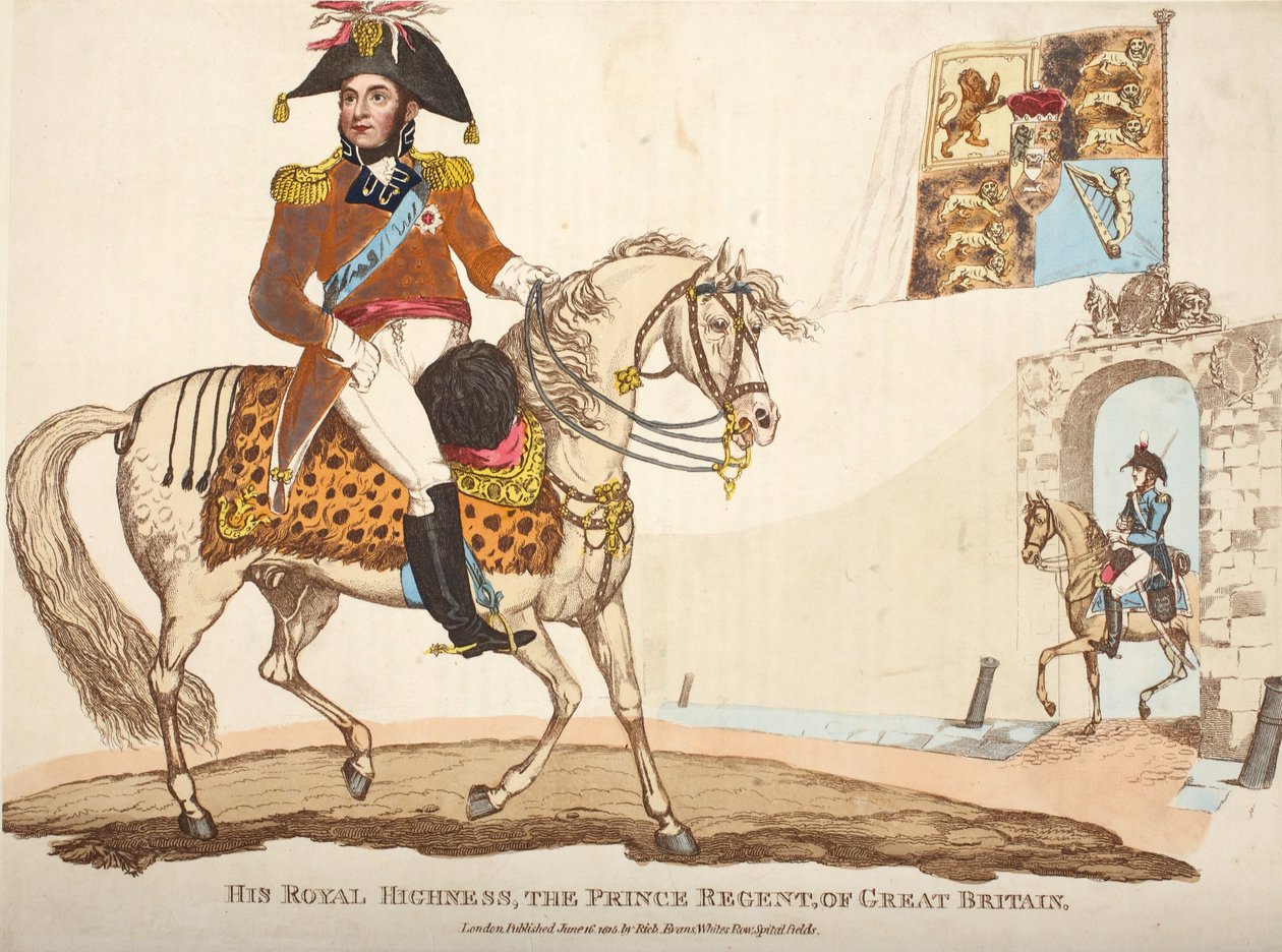 Jego Królewska Wysokość Książę Regent Wielkiej Brytanii, wyd. Richard Evans, inż Romney, ilustracja z Historycznego sprawozdania z bitwy pod Waterloo autorstwa Williama Mudforda, 1816 (kolorowe engravi autorstwa English School