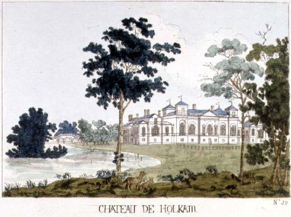 Holkham Hall, Norfolk, ilustracja z „Obrazów domów i ogrodów” Williama Wattsa, ok. 1785 (kolorowa grawerunek) autorstwa English School