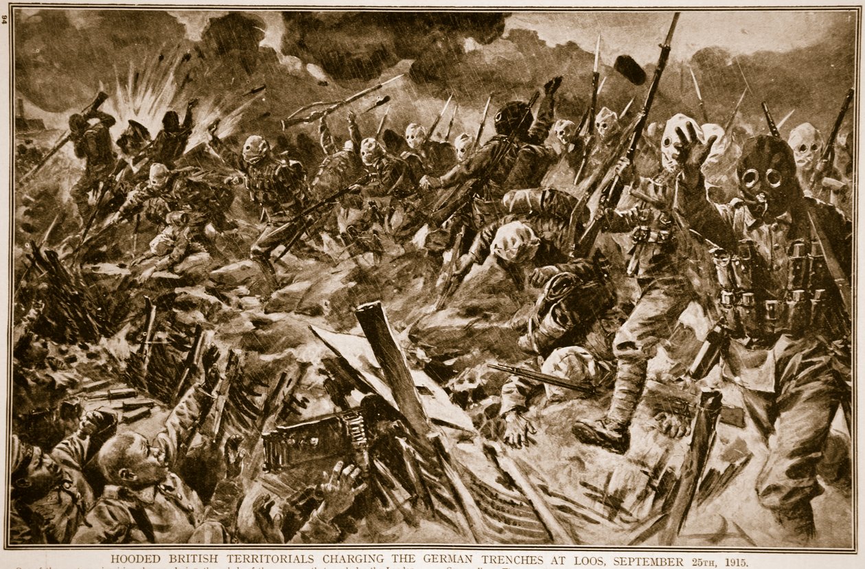 Zakapturzone terytoria brytyjskie szarżują na niemieckie okopy w Loos, 25 września 1915, 1914-19 autorstwa English School