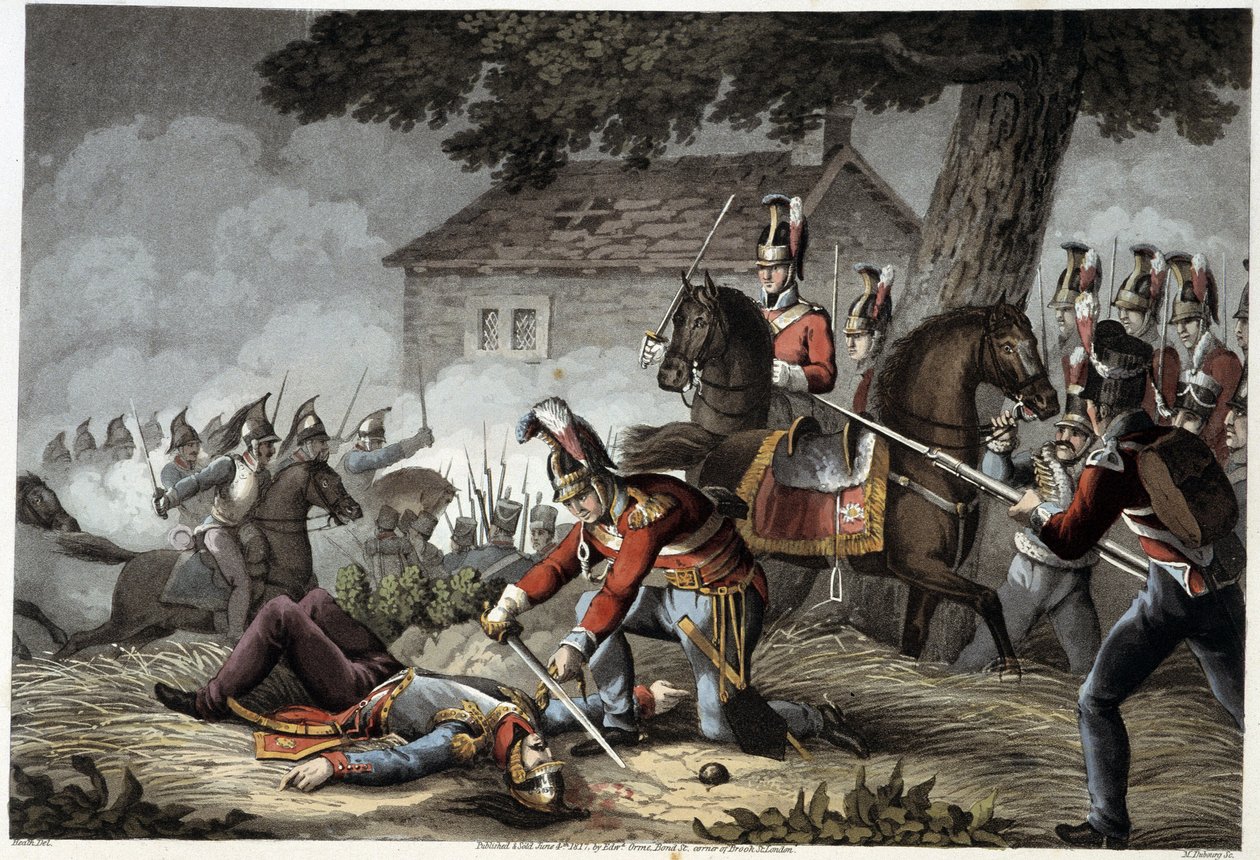 Gwardia konna na polu bitwy pod Waterloo w "Historycznych, wojskowych i morskich anegdotach i incydentach, które dotarły do armii brytyjskich i ich sojuszników, kończących się pod Waterloo" Edwarda Orme