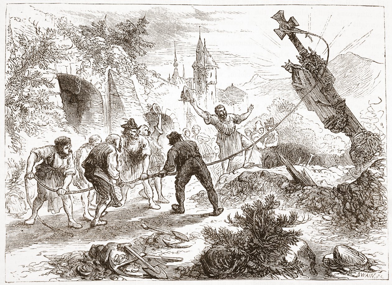 Hottinger niszczący obraz, ilustracja z Historii protestantyzmu Jamesa Aitkena Wylie (1808-1890), wyd. 1878 autorstwa English School