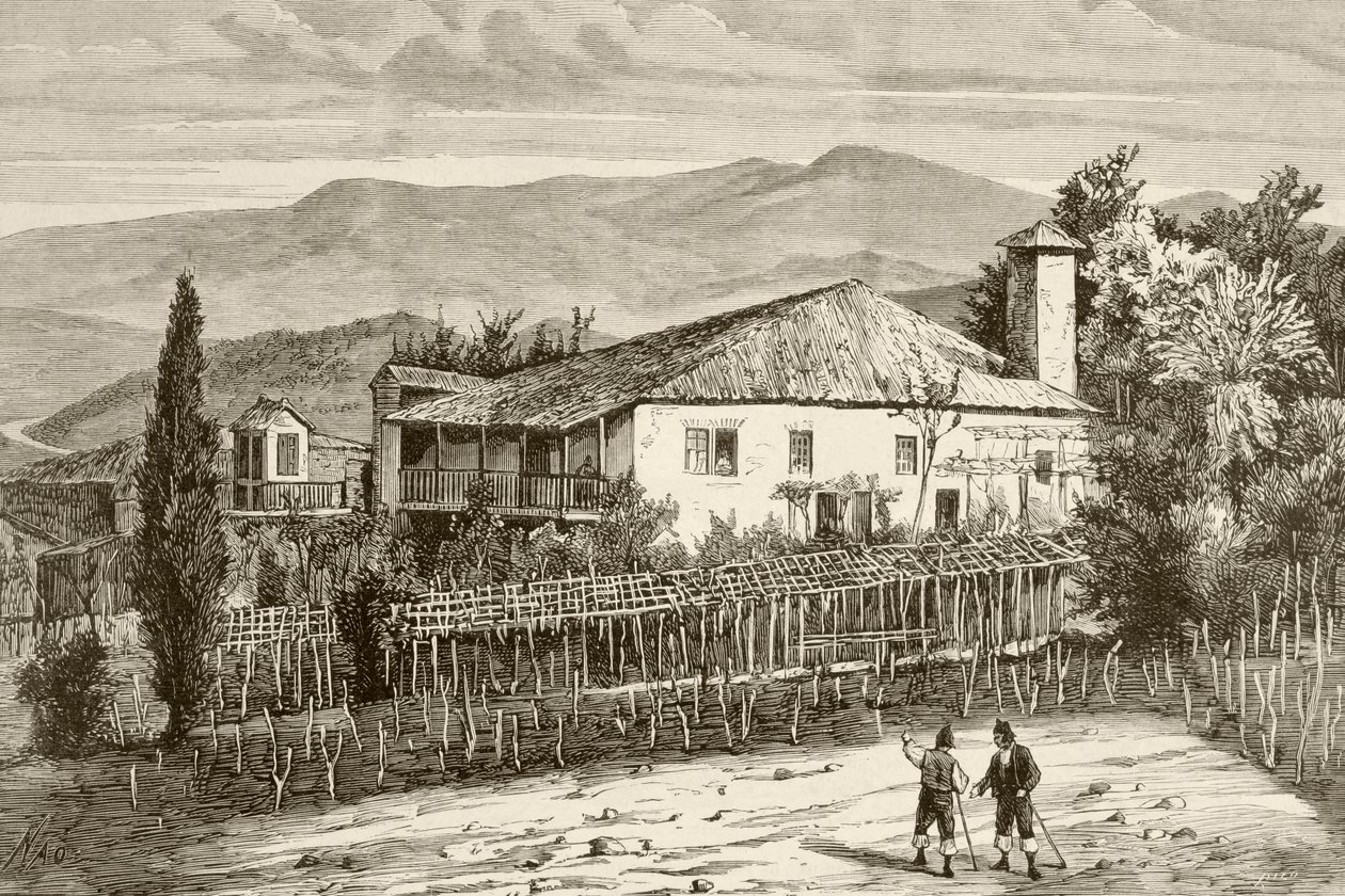Dom w Casdemiro, Galicja, Hiszpania (litho) autorstwa English School