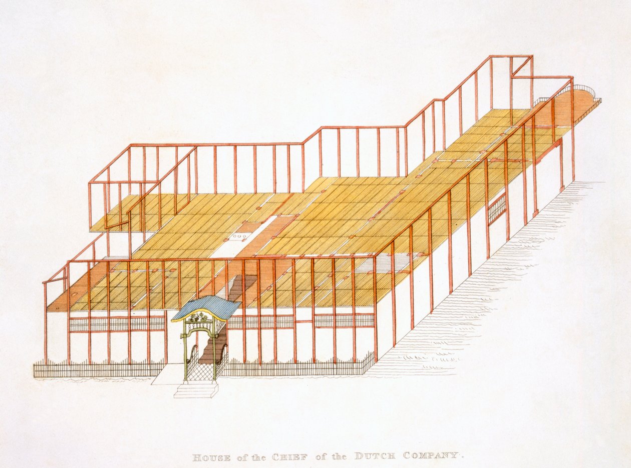 Dom szefa Holenderskiej Kompanii Wschodnioindyjskiej, z Ilustracje Japonii, opublikowane 1822 autorstwa English School