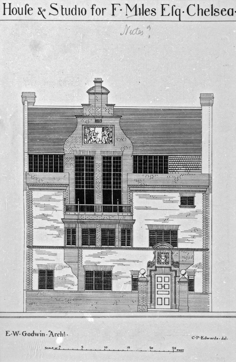 House und Studio dla F. Miles Esq., Chelsea, ilustracja z „The British Architect and Northern Engineer”, opublikowana 6 grudnia 1878 autorstwa English School