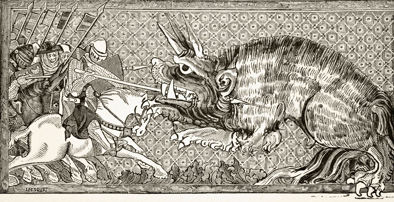 Jak Aleksander walczył z bestią, według miniatury w rękopisie z XIII wieku, z „Nauka i literatura w średniowieczu” Paula Lacroix, 1878 autorstwa English School