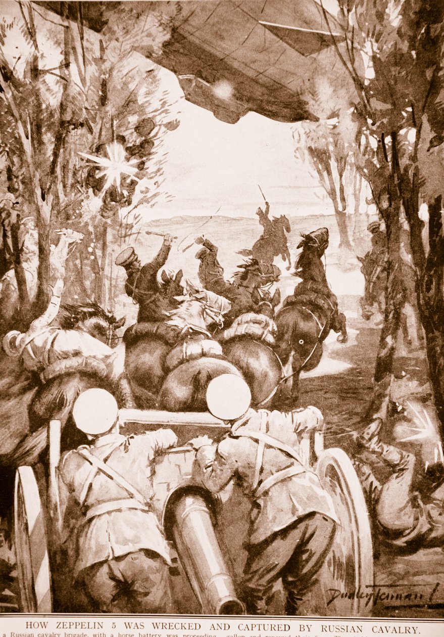 Jak Zeppelin 5 został zniszczony i schwytany przez rosyjską kawalerię, 1914-19 autorstwa English School