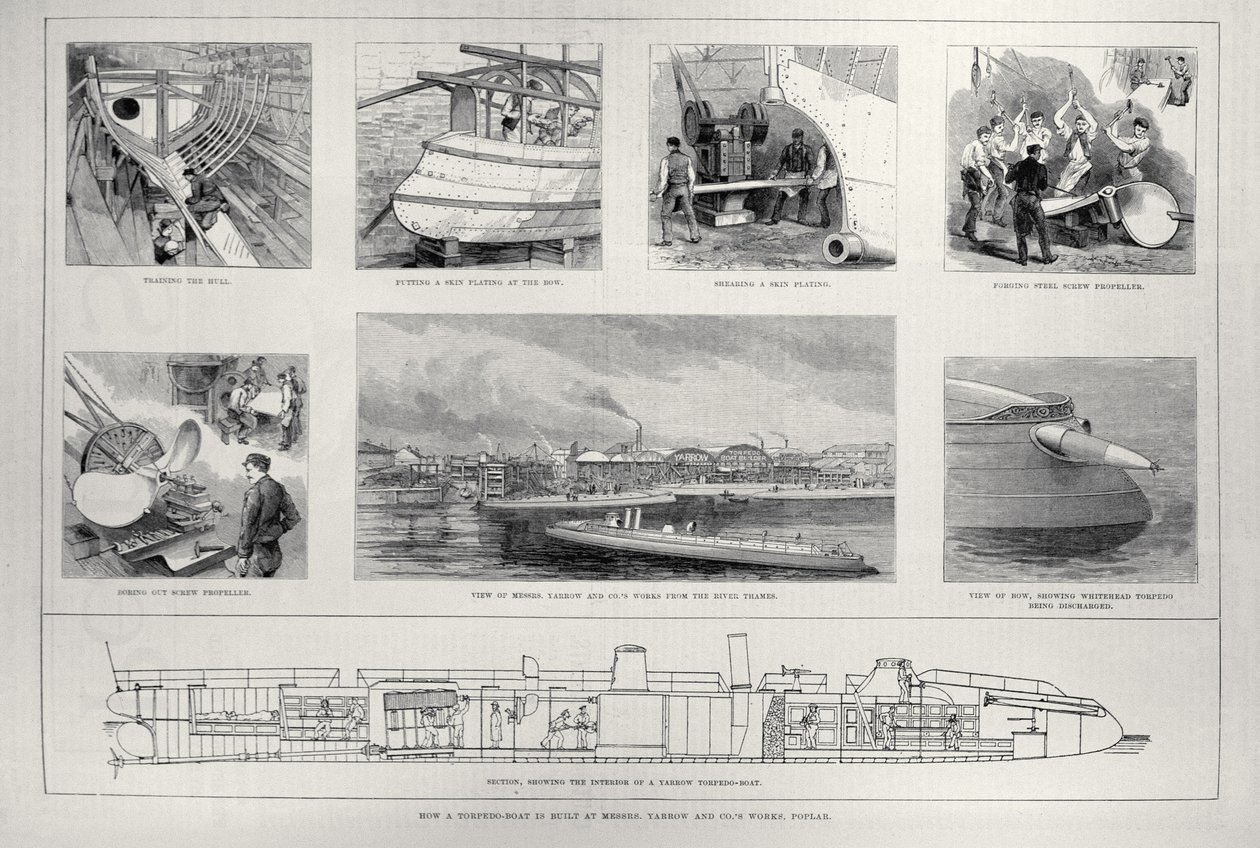 Jak buduje się łódź torpedową w zakładzie panów Yarrow and Co., Topola, z „The Illustrated London News”, 27 marca 1886 autorstwa English School