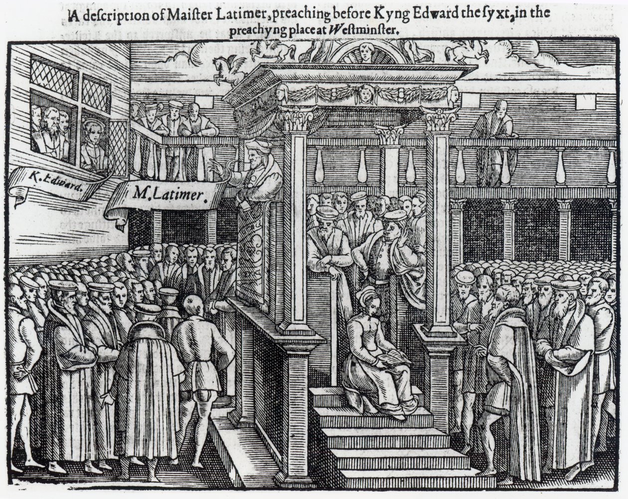 Hugh Latimer (ok.1485-1555) Wygłaszał kazania przed królem Edwardem VI (1537-53) w Westminster w 1547, z „Działań i pomników” Johna Foxe (1516-87) 1563 autorstwa English School