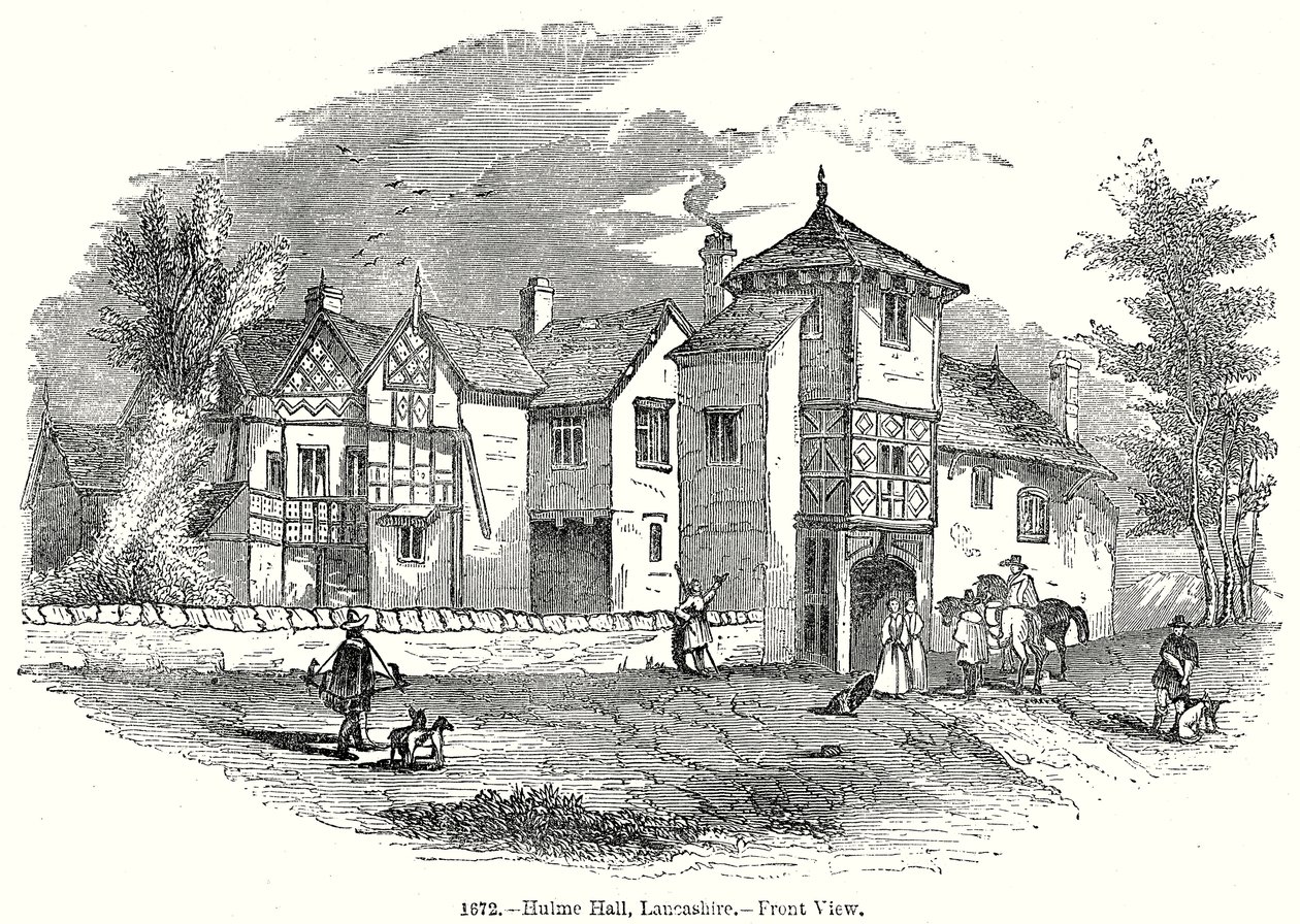 Hulme Hall, Laneashire. - Widok z przodu (grawerunek) autorstwa English School
