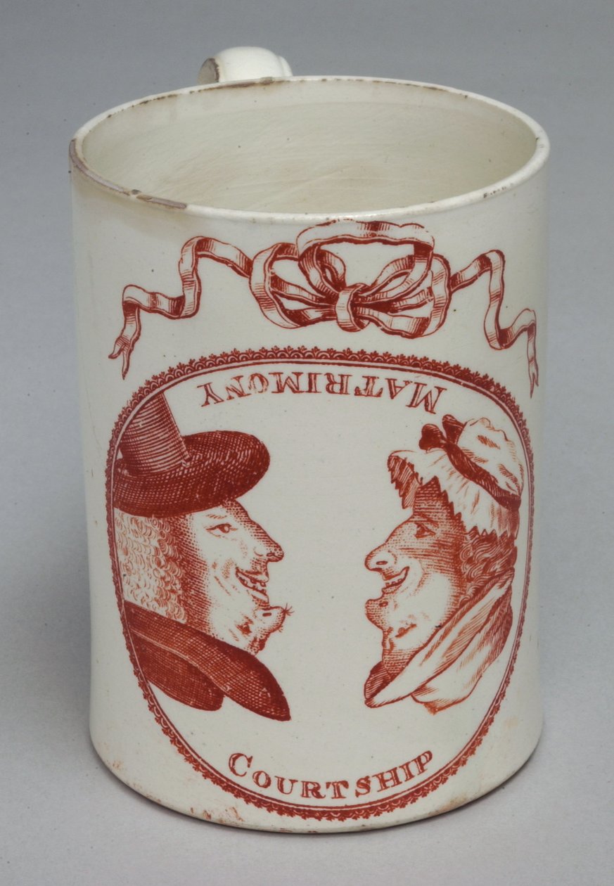 Humorystyczny kubek zdobiony odwracanymi głowami mężczyzny i kobiety, ok. 1780 (creamware) autorstwa English School