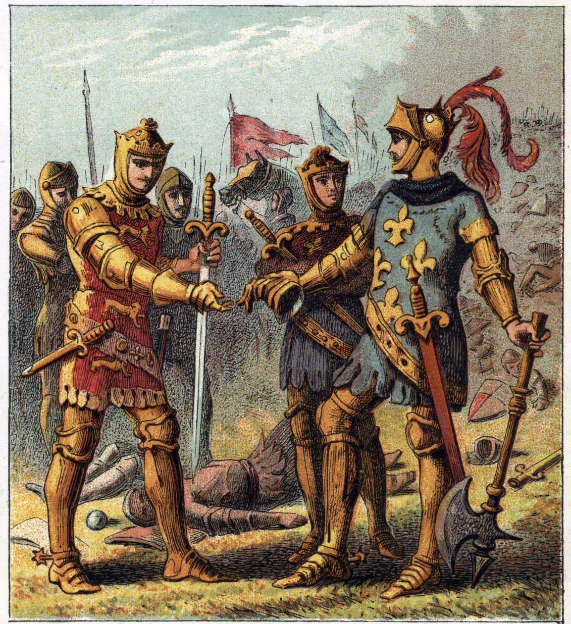 Wojna stuletnia: Bitwa pod Poitiers (1356). Król Francji Jan II Dobry (1319-1364) uznał swoją porażkę i udał się do Edwarda Plantageneta z Anglii (Edward z Woodstock Brackembury autorstwa English School
