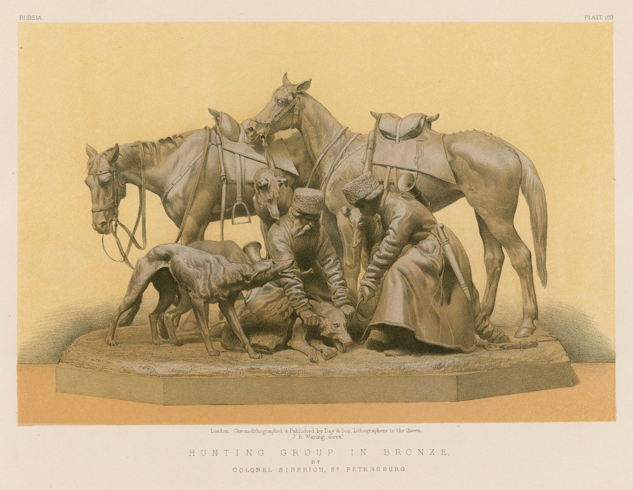 Grupa myśliwska z brązu autorstwa pułkownika Sibericha, Petersburg (chromolit) autorstwa English School