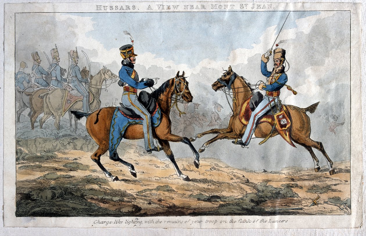 Hussars, Widok w pobliżu Mont St Jean (kolorowa akwatinta) autorstwa English School