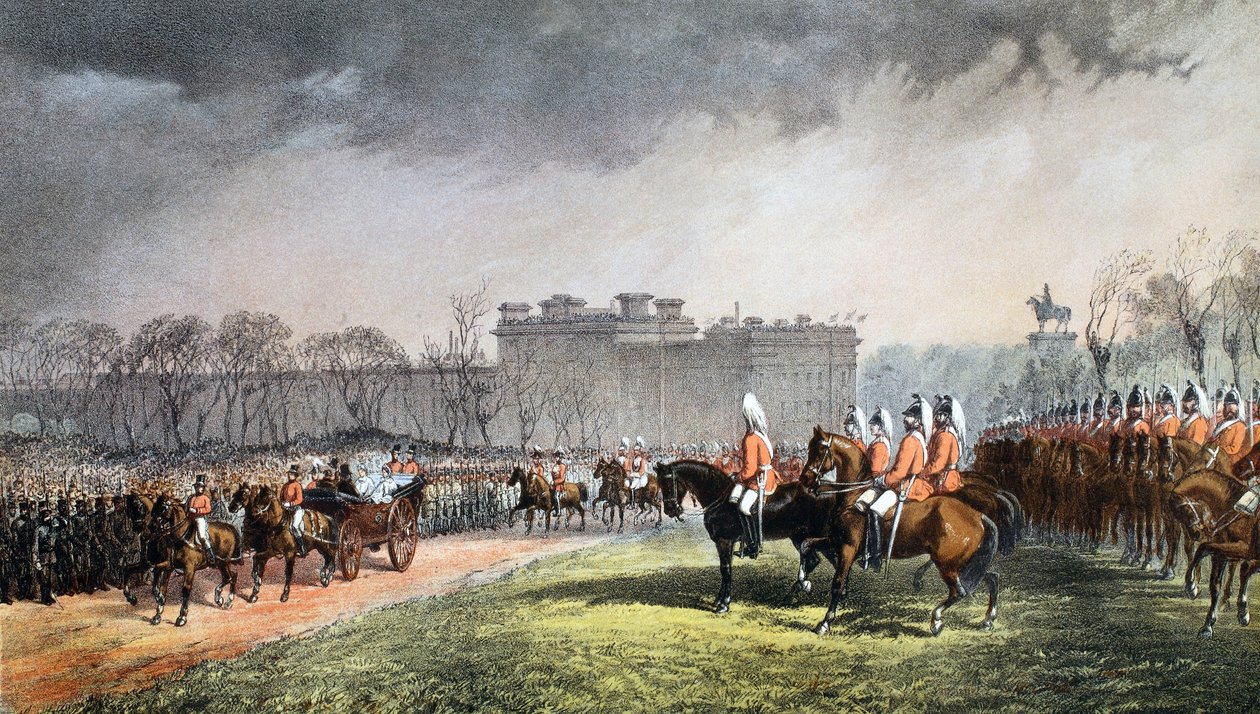 Hyde Park - Księżniczka przechodząca obok linii ochotników, 7 marca 1863, z Pomnika małżeństwa Edwarda VII i Aleksandry z Danii, wyd. 1864 autorstwa English School