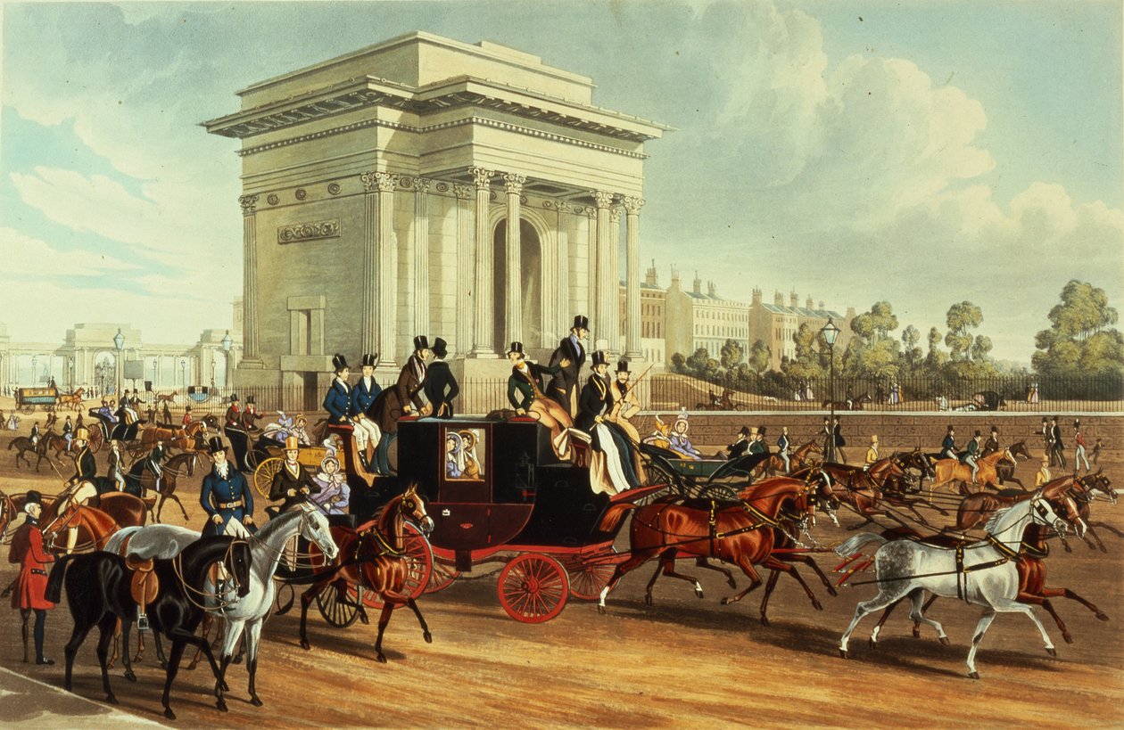Hyde Park Corner, według Jamesa Pollarda, wyd. Ackermann, 1836 (akwatinta) autorstwa English School