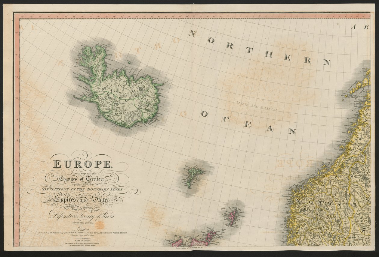 Islandia i Norwegia, z Europy, opisujące wszystkie zmiany terytoriów, wraz z ich odchyleniami w liniach granicznych kilku imperiów i stanów uzgodnionych i potwierdzonych ostatecznym traktatem paryskim 20 listopada 1815 r., opublikowanym w 1816 r. autorstwa English School