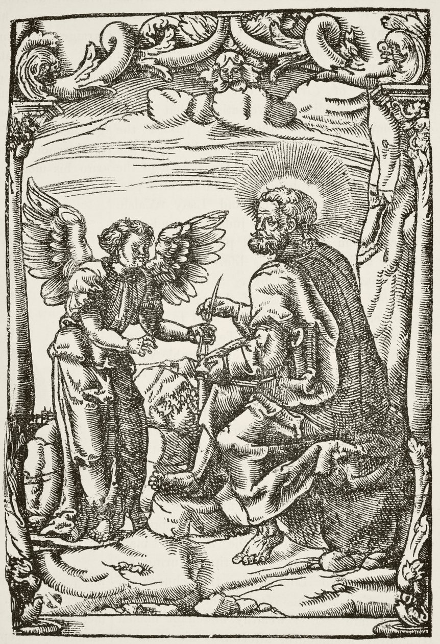 Ilustracja z początku pierwszego angielskiego przekładu Nowego Testamentu na język angielski, opublikowanego w Kolonii w 1525 r., z The National and Domestic History of England autorstwa Williama Hickmana Smitha Auba autorstwa English School