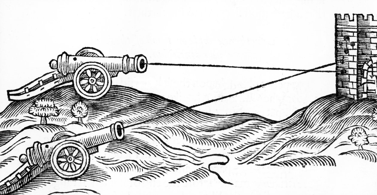 Ilustracja ostrzału armatniego w sztuce artylerii Thomasa Smitha (fl.1600-27), 1628 autorstwa English School