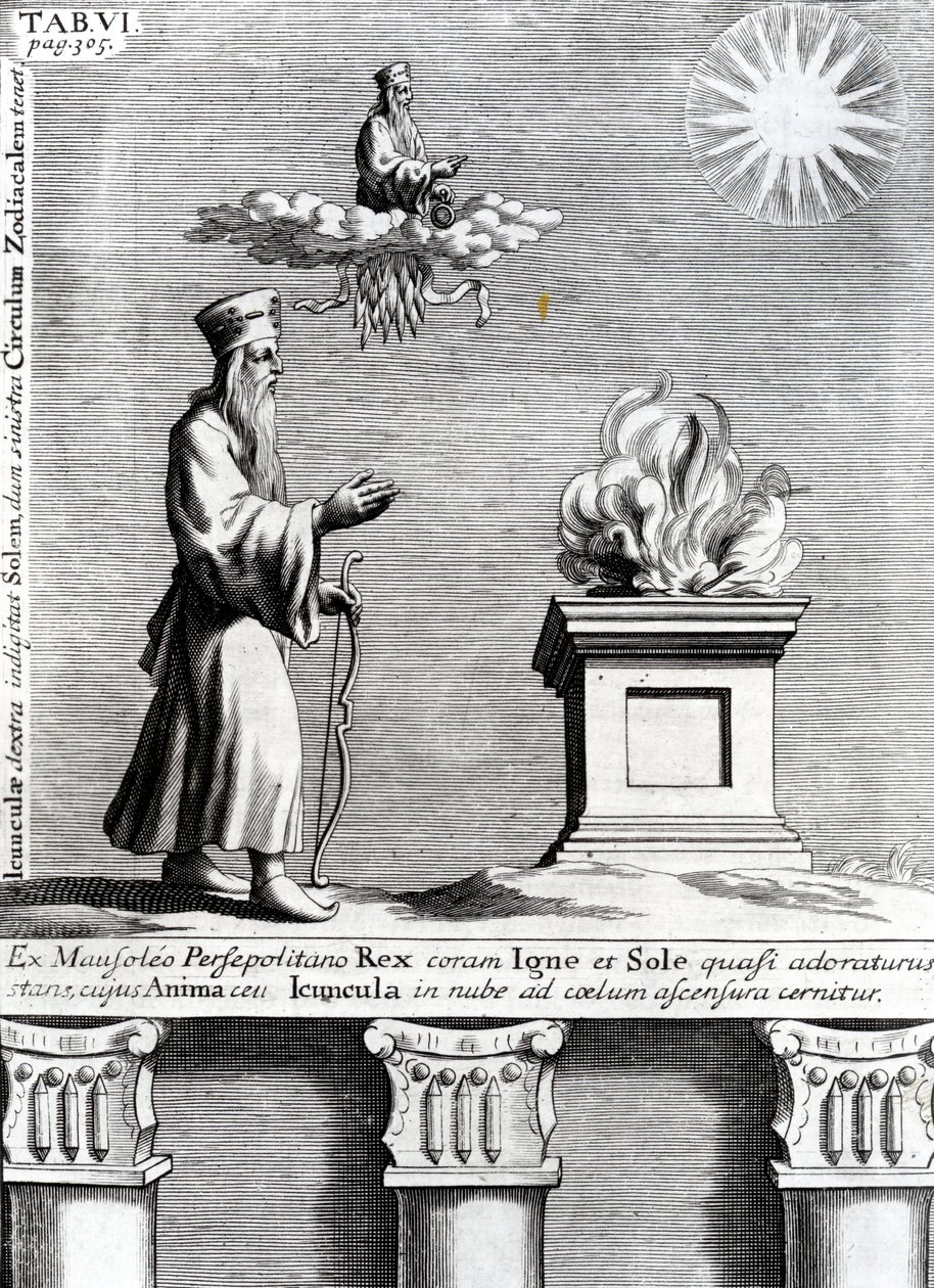 Ilustracja przedstawiająca Zoroastra wielbiącego ogień i słońce, 1697 autorstwa English School