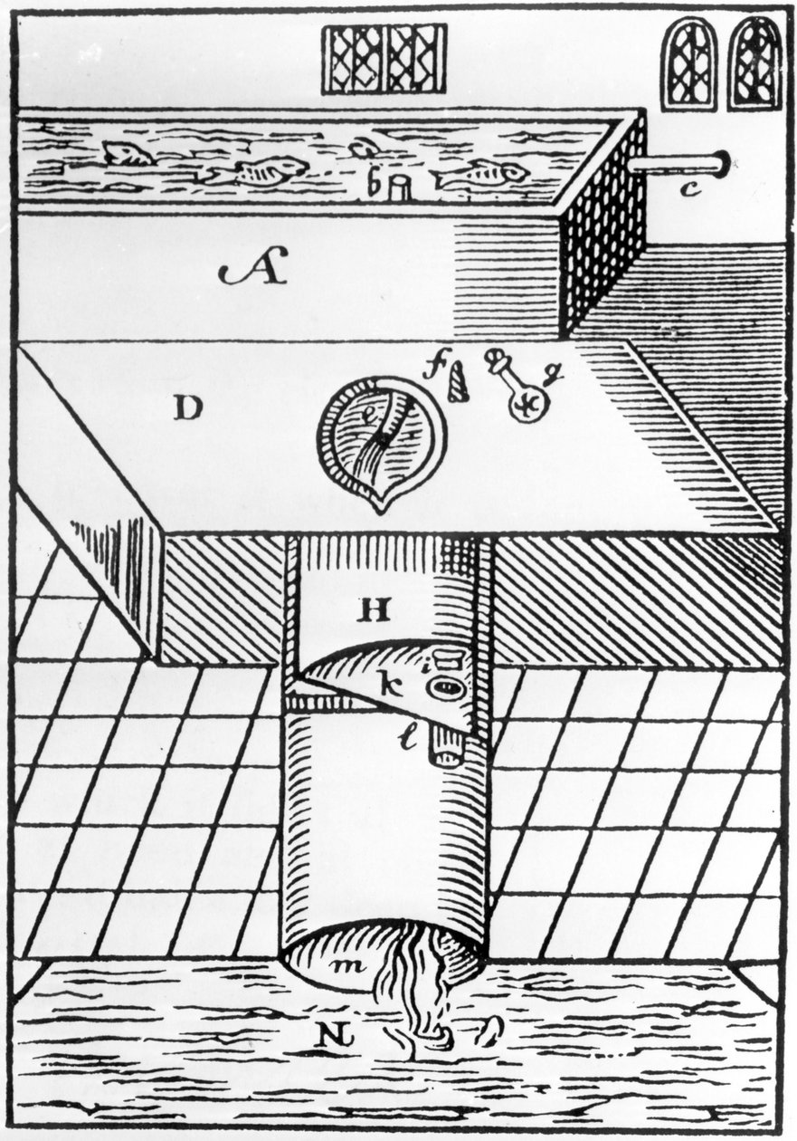 Ilustracja przedstawiająca szafę na wodę Sir Johna Harringtona, zaczerpnięta z A New Dyskursu Nieaktualnego Tematu, zwanego metamorfozą Ajaksu, 1596 autorstwa English School