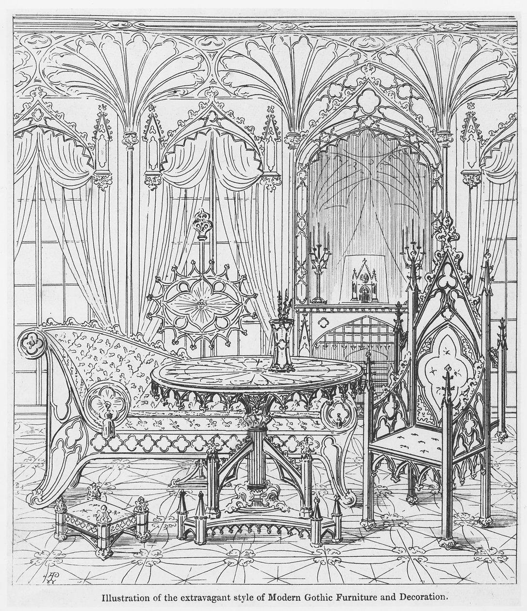 Ilustracja ekstrawaganckiego stylu nowoczesnych gotyckich mebli i dekoracji, z True Principles of Pointed of Christian Architecture, Augusta Welby Pugina (1812-52) autorstwa English School