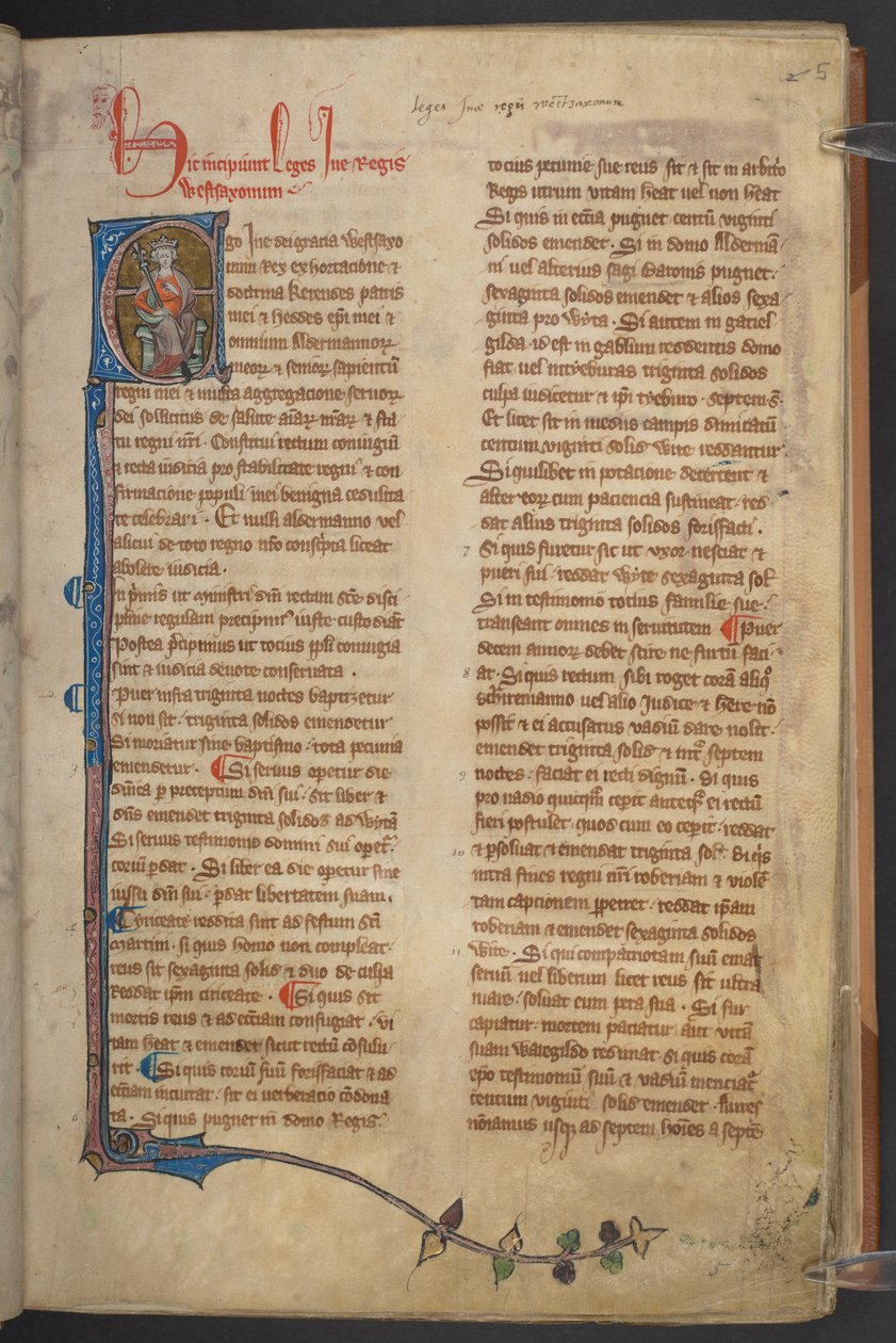 Wizerunek króla Ine ze Statutów Anglii, Rękopis bawełniany Klaudiusz D II, f.5r autorstwa English School