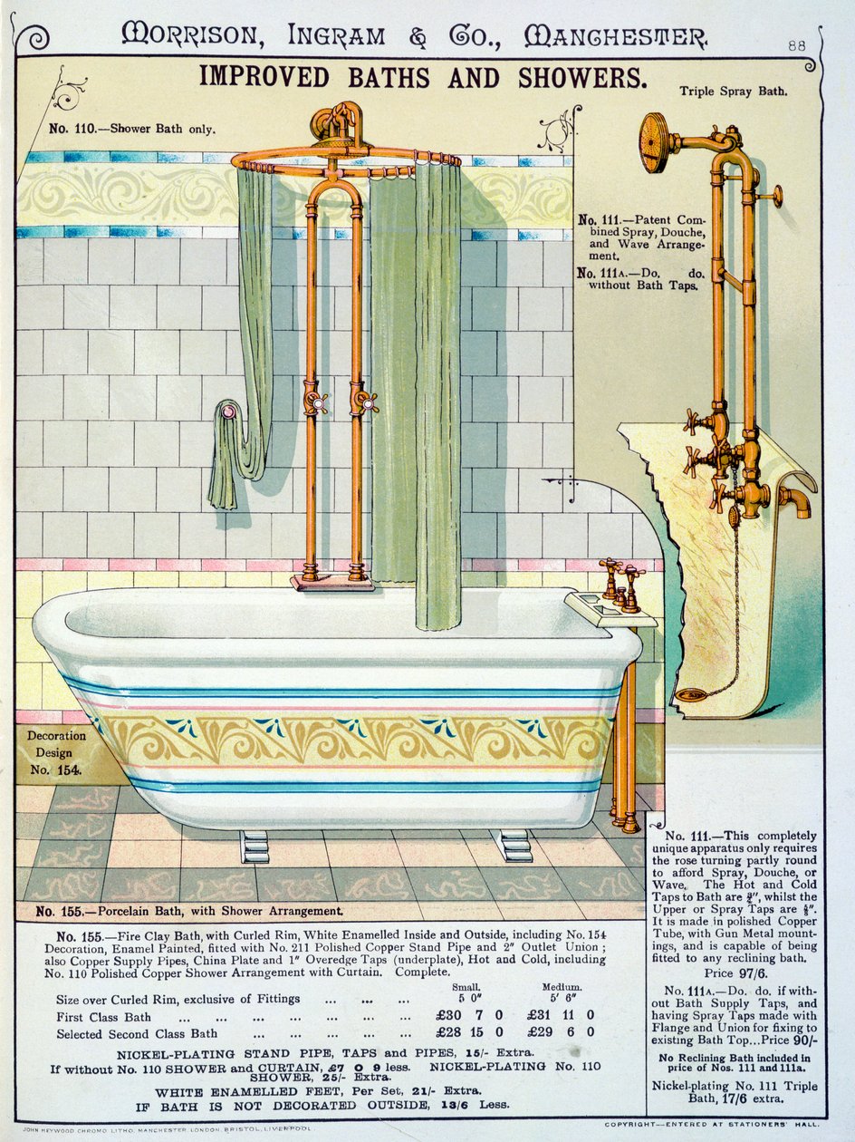 Ulepszone wanny i prysznice z katalogu wyrobów sanitarnych produkowanych przez Morrison, Ingram & Co., Manchester, opublikowanego ok. 1890 r. autorstwa English School