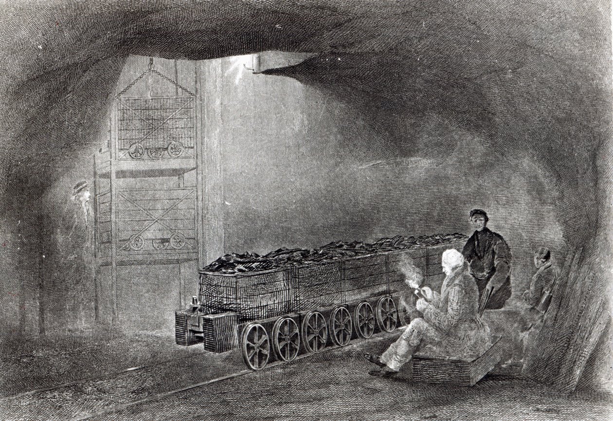 W kopalni węgla, ilustracja z „Historii węgla, koksu, pól węglowych i produkcji żelaza w północnej Anglii” autorstwa W.Fordyce’a, opublikowanej w 1860 r. autorstwa English School