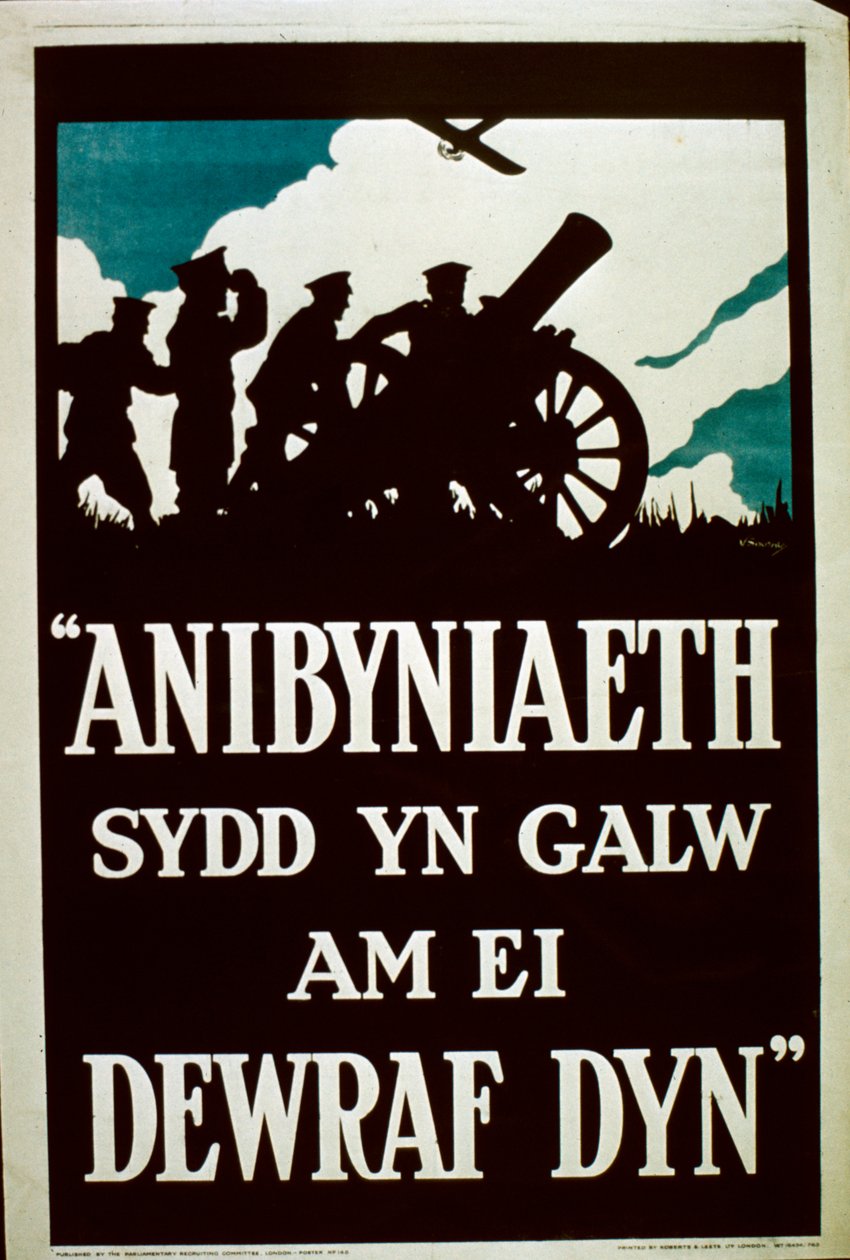 Niepodległość wzywa najodważniejszych mężczyzn - plakat I wojny światowej w języku walijskim autorstwa English School