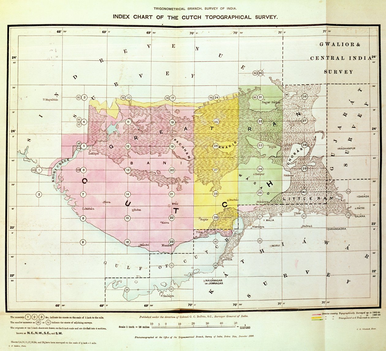 Wykres indeksu Cutch Topographical Survey przez Trigonometrical Branch, Survey of India, Dehra Dun, listopad 1884 autorstwa English School
