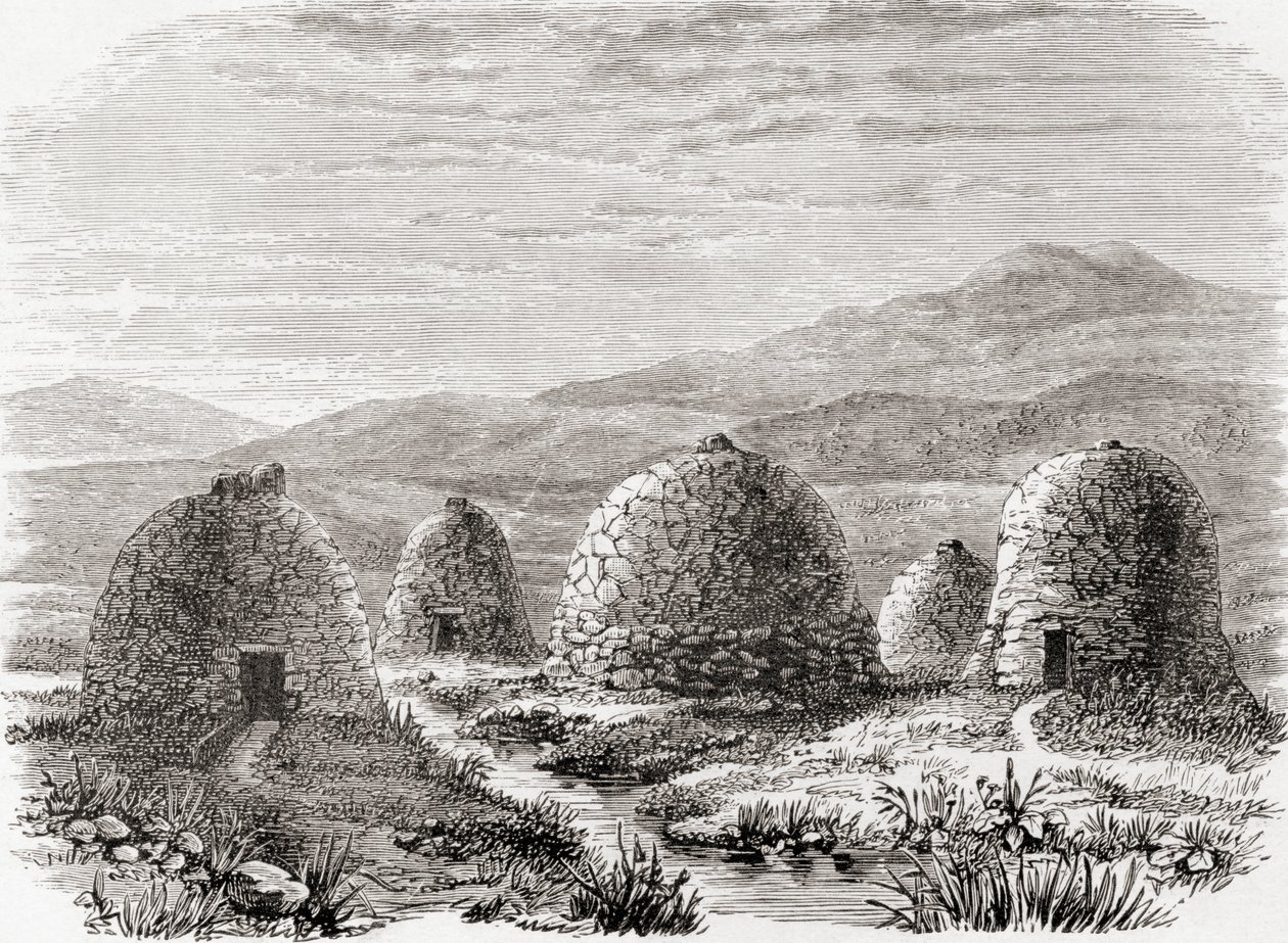 Zamieszkałe chaty na Uig, Island of Lewis na Hebrydach Zewnętrznych w 1859, z „Scottish Pictures Drawn with Pen and Pencil” Samuela G. Greena, opublikowane w 1886 autorstwa English School