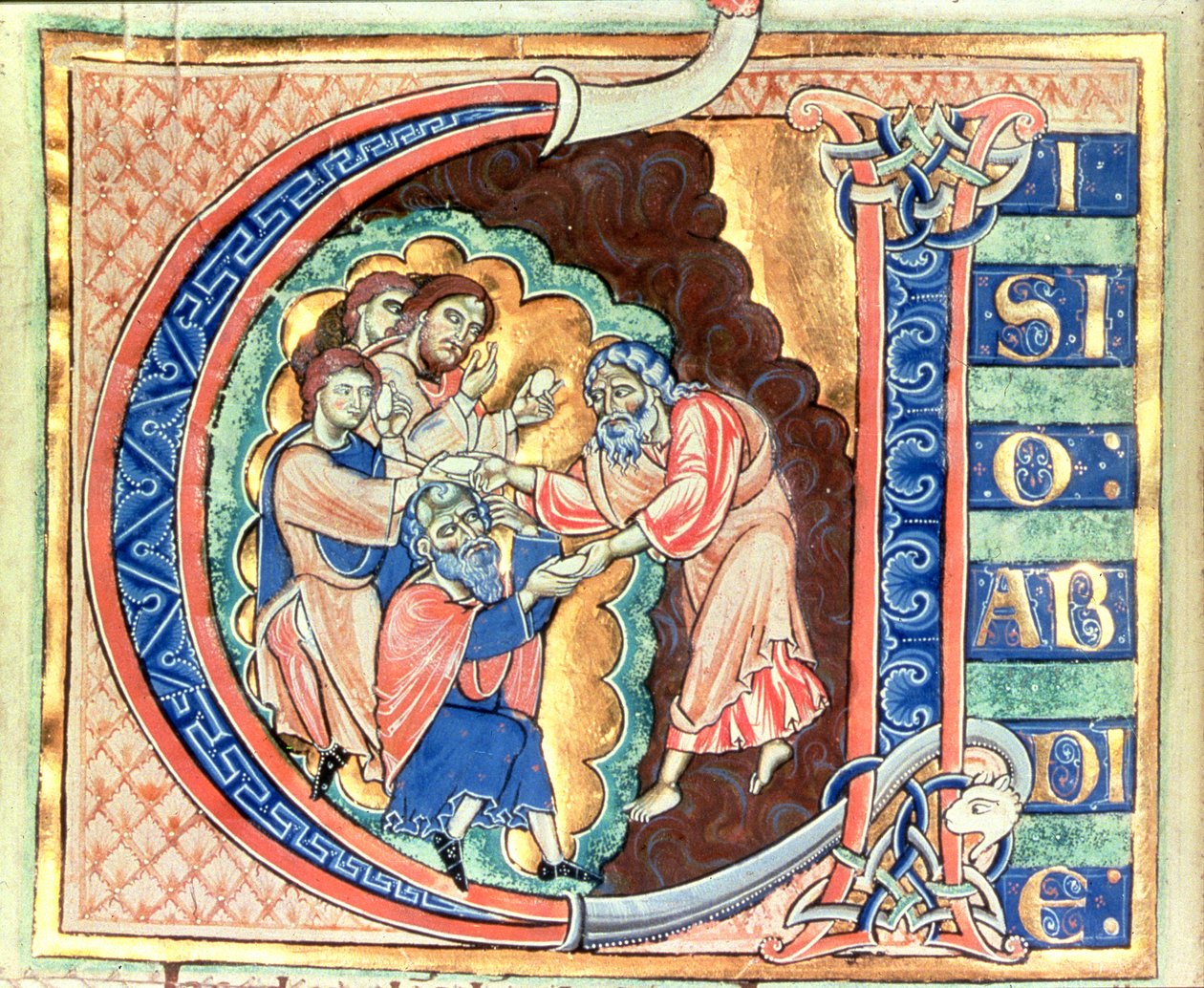 Pierwsza litera „V” Visio Abdie, Wizja Abdiasza, z Biblii Winchester, c.1150-80 (welum) autorstwa English School