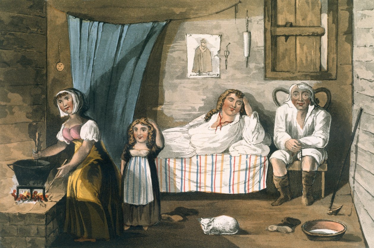 Wewnątrz domku, z Malowniczej wycieczki po angielskich jeziorach autorstwa T.H. Fielding i J. Walton, wyd. R. Ackermann, Londyn, 1821 (akwatinta ręcznie kolorowana) autorstwa English School