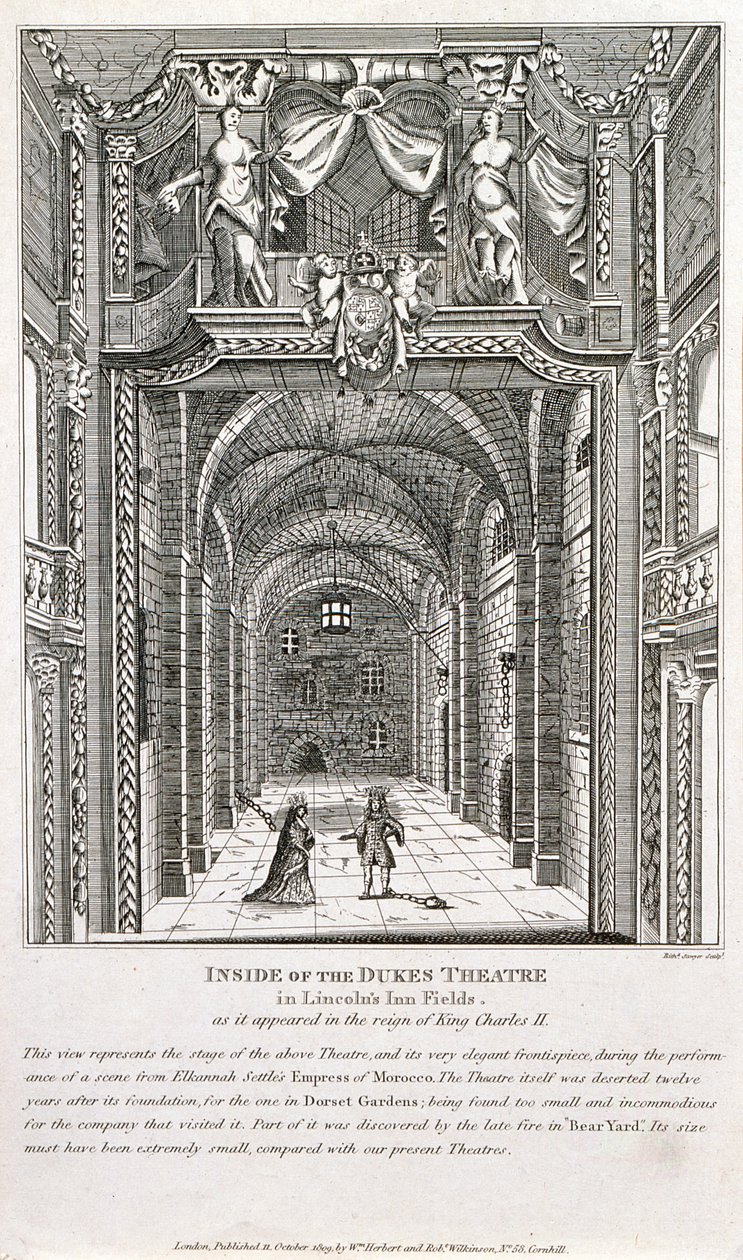 Wewnątrz Dukes Theatre, Londyn, grawerowane przez Richarda Sawyera, 1820 autorstwa English School