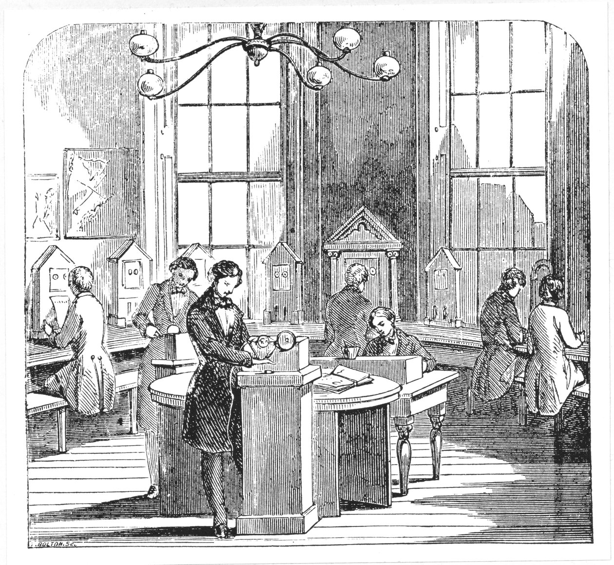 Instrument room w Electric Telegraph Office, Lothbury, Londyn, z The Museum of Science and Art autorstwa Dionysius Lardner, c.1860 autorstwa English School